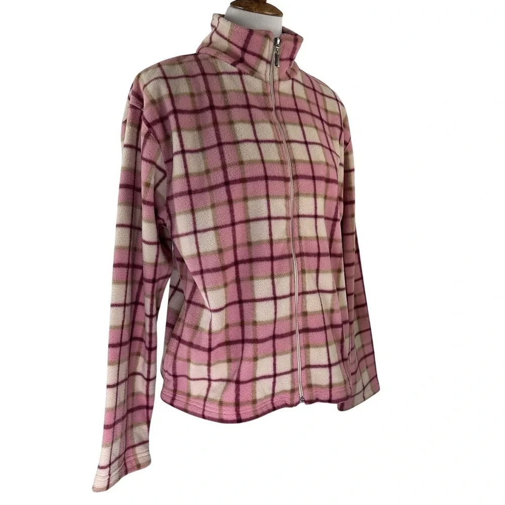 NWT Mountain Lake Full Zip Jacket Pink Multicolor Plaid Fleece Pockets Women's L